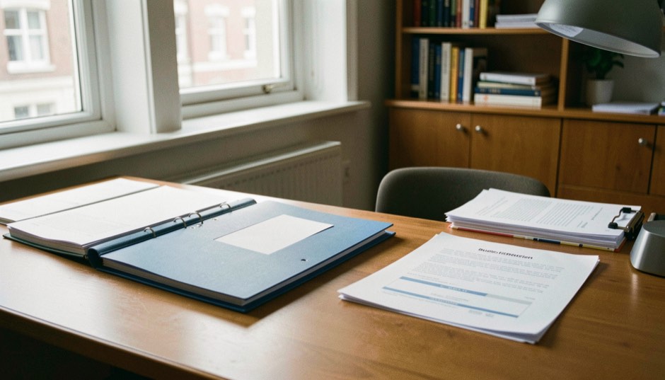 A quiet editorial desk with folders and notes for business formation