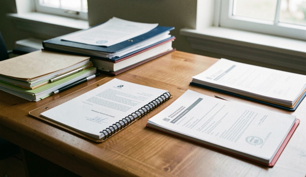 A quiet editorial desk with folders and notes for contracts