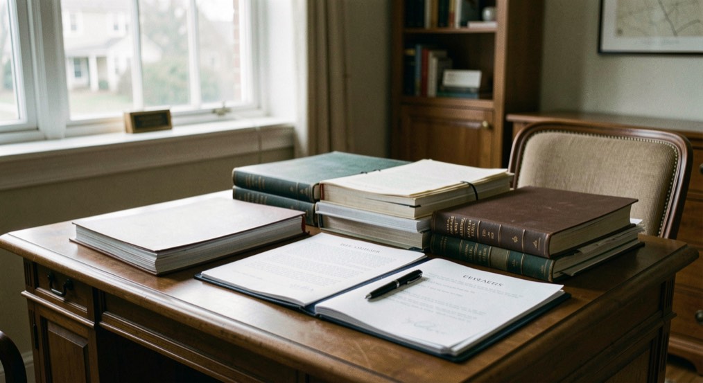 A quiet editorial desk with folders and notes for estate planning