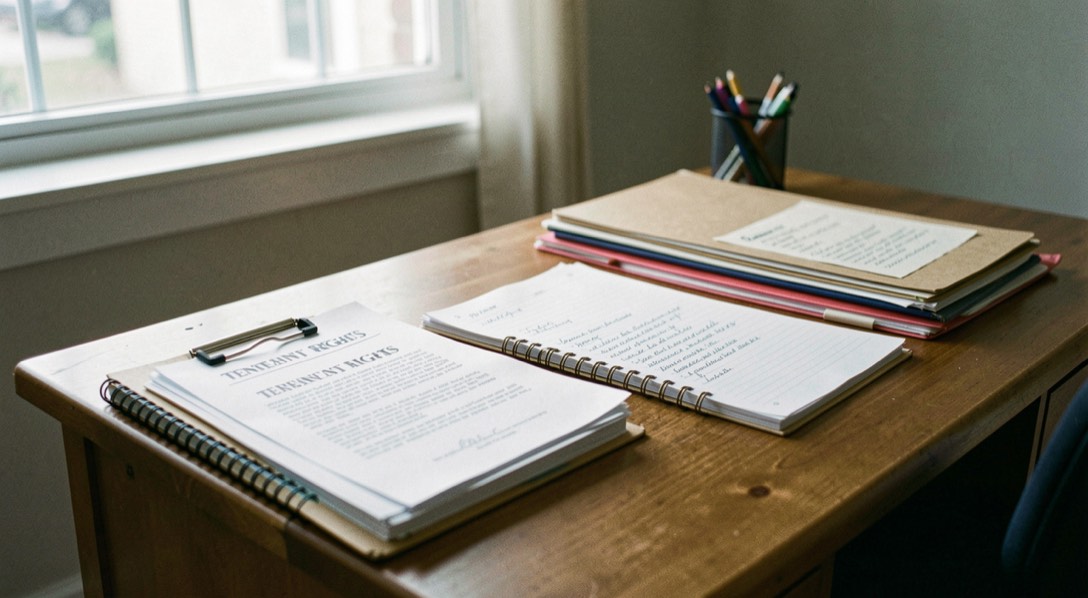 A quiet editorial desk with folders and notes for tenant rights